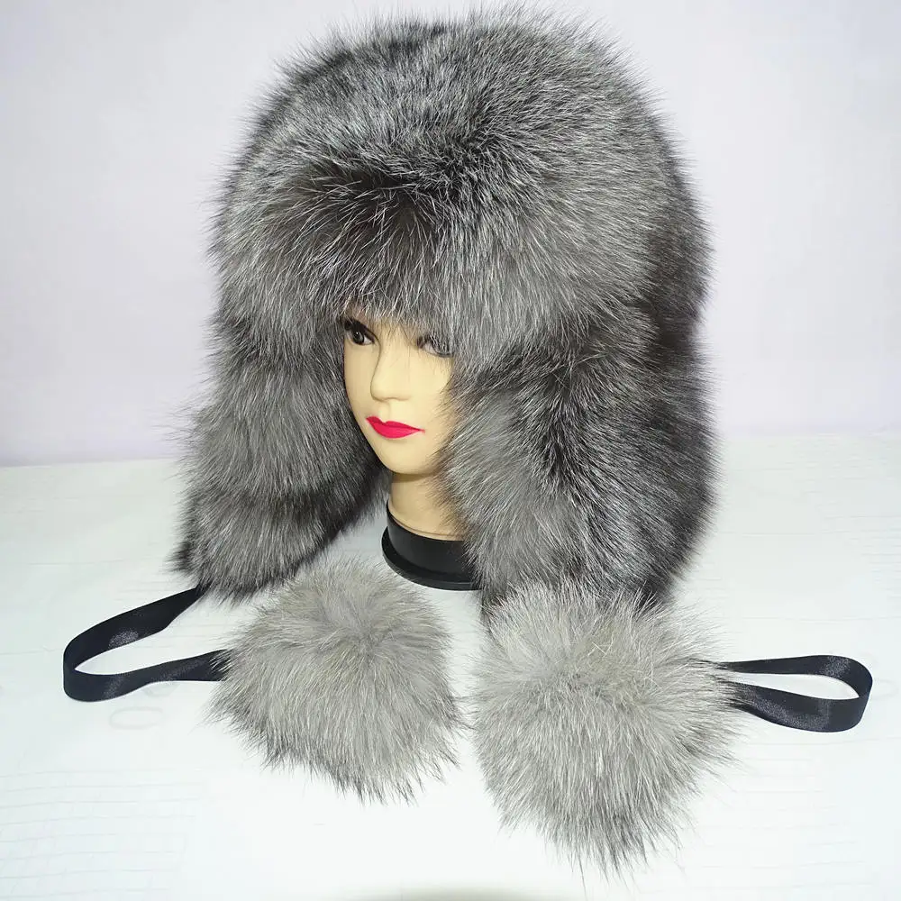

Double faced fur real Fox fur Hat Woman Sheepskin black face Natural fur hat female Lei Feng Ear protectors cap New Model 2019
