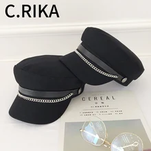 Осенне-зимняя шерстяная военная шапка с цепочкой для женщин, винтажные береты, Кепка Капитана, черная шапка для девушек, уличные теплые модные шапки