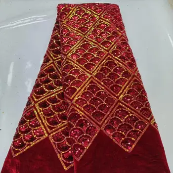 

Soso Sequin Velvet Fabric With Embroidery Lace Wine Elegant Beautiful Flower African Nigerian French Latest DesignsFor Dress