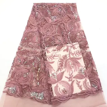 

2020 3d Lace Fabric Pink Gold African French Lace Fabric High Quality High-end handmade Sequins Wedding Nigerian Lace Fabric
