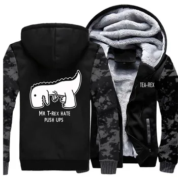 

Mr T rex Hate Push Ups Jackets Men Funny Dinosaur Hoodies Sweatshirt Zipper Winter Thick Fleece Warm Coat Jacket Camo Sportswear