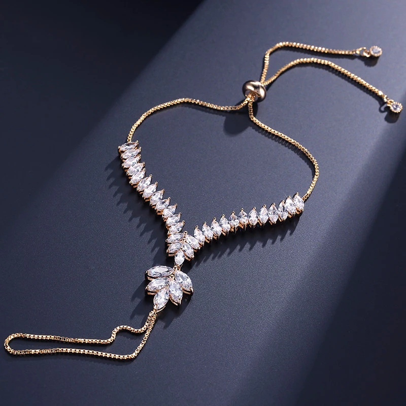 UILZ трендовая маркиза огранка кубический циркон Женская цепочка на палец форма листа Отрегулируйте рабский браслет с белым цветом подарок для вечерние UB140