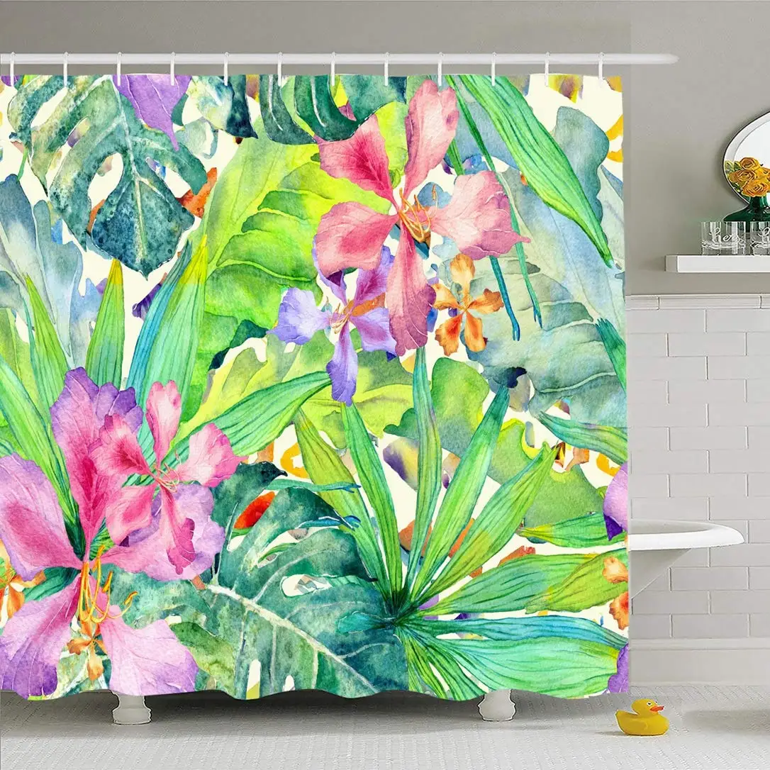 

Shower Curtain Set with Hooks 60x72 Color Tropical Pattern Watercolor Thailand Summer Palm Monstera Nature Beach Design Parks