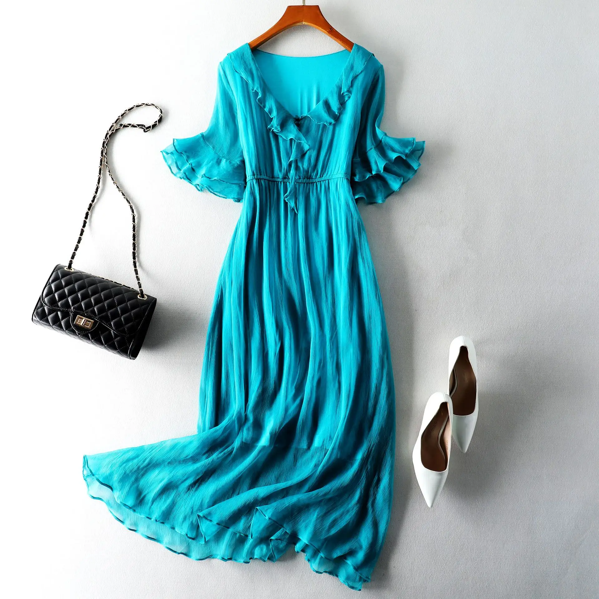 Tcyeek летнее платье Настоящее шелковое платье женская одежда Boho Ruffles макси платья Vinatge элегантные женские Vneck Vestido 98005 - Цвет: blue