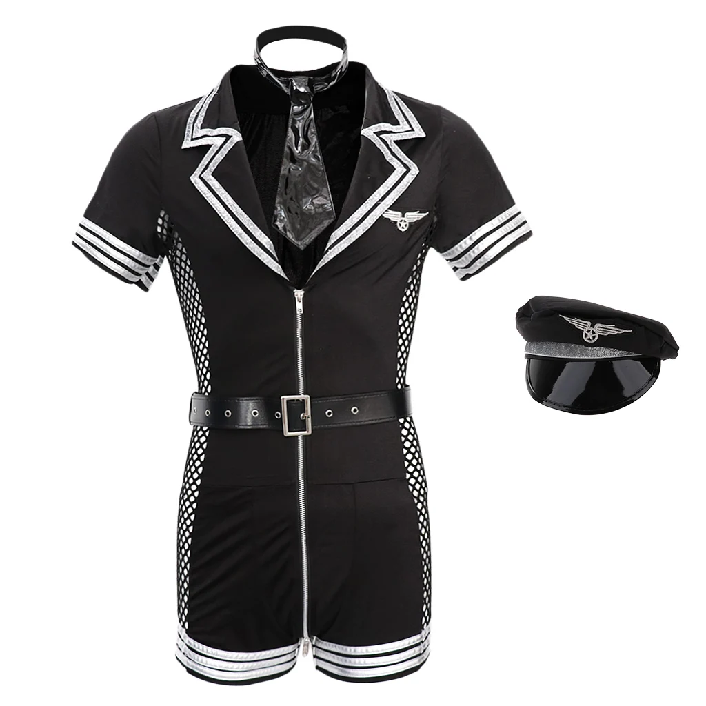 4 pcs Festival Party Mens Airline Pilot Officer Suit Costumes Halloween Role Play Short Sleeve Bodysuit Hat Tie and Belt