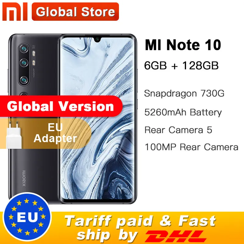 Xiaomi Note 10 с глобальной версией, 6 ГБ, 128 ГБ, 5260 МП, пента-камера, смартфон, аккумулятор мАч, 10х оптический зум, двойной изогнутый экран
