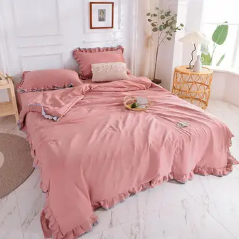 

Korean Version Solid Color Comforter Summer Blanket Quilt Duvet Washed Cotton Ice Soft Air Conditioning Lace Blanket