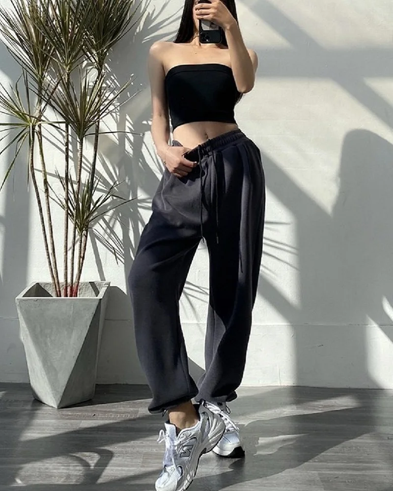 joggers for women HOUZHOU Women Sports Pants Korean Fashion Oversize Gray Jogging Sweatpants Baggy 2021 High Waist Joggers White Trousers Female bell bottom jeans