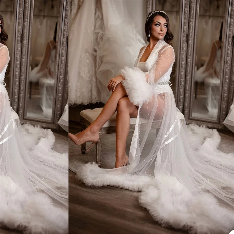 Lurury Pearl Wedding Sleepwear Feather Customize Pajamas Ruffles Bath Gown Bathrobe Long Sleeves Bridal Robe Nightgown