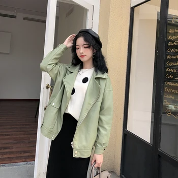 

New Women Spring Loose Faux Leather Jacket Casual Female Green Leather Jackets Outwear Motocycle Zipper Ladies Coat