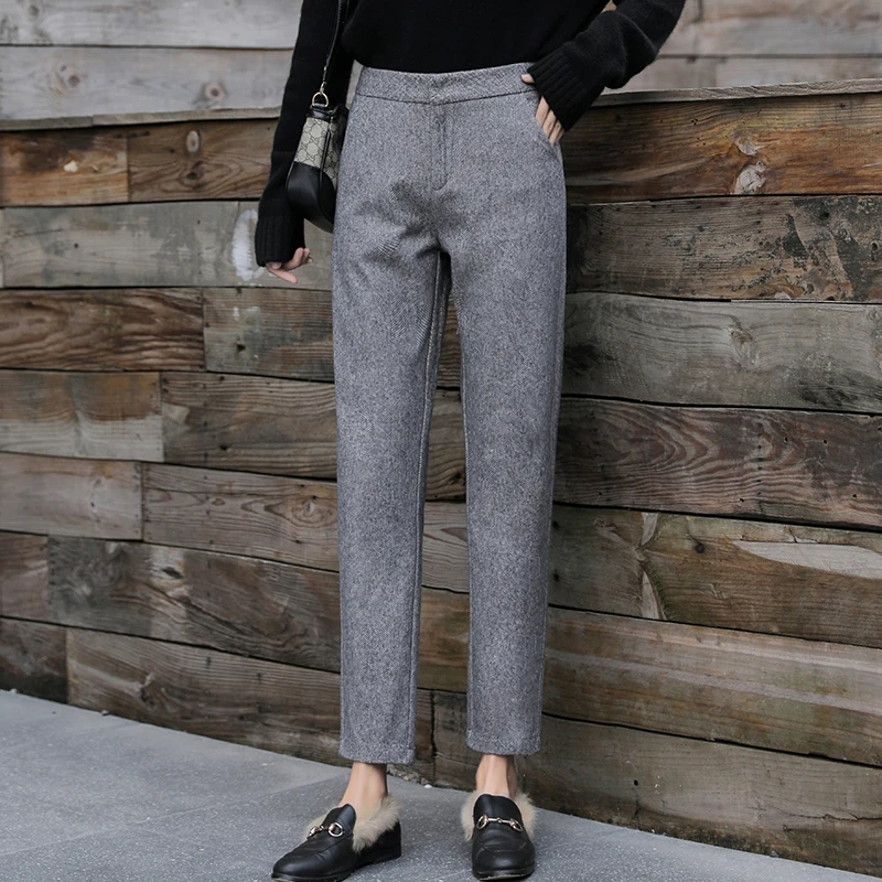Модные шерстяные брюки осень зима женские брюки с высокой талией Pantalon Женские повседневные клетчатые OL костюм брюки WP125