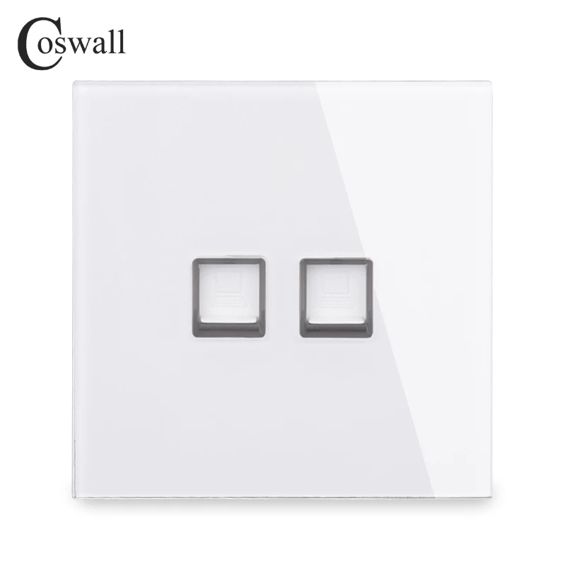 Coswall Crystal Tempered Glass Panel 2 Gang RJ45 CAT5E Internet Jack Wall Data Socket Computer Outlet White Black Grey Gold