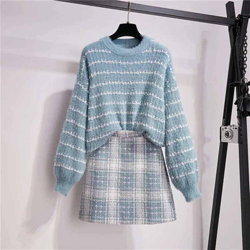 Женский трикотажный комплект из 2 предметов свободный свитер и твидовая