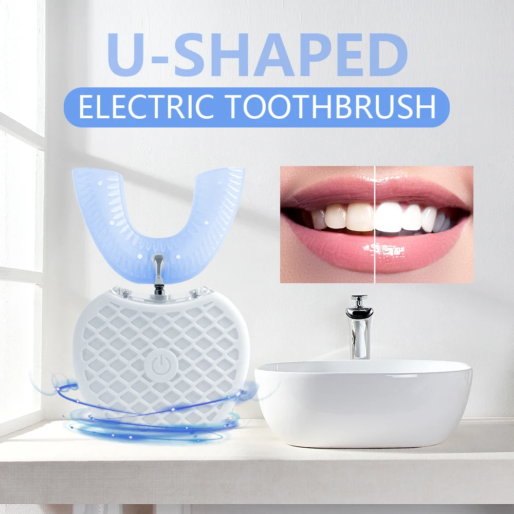 Baratos Cepillo de dientes eléctrico sónico automático inteligente de 360 grados tipo U cepillo de dientes blanqueamiento de dientes luz azul carga USB
