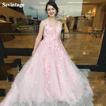 

Sevintage Pink Appliques Lace Beach Evening Dress V-Neck Backless Flowers Prom Party Gowns Tulles Formal Women Celebrity Dresses