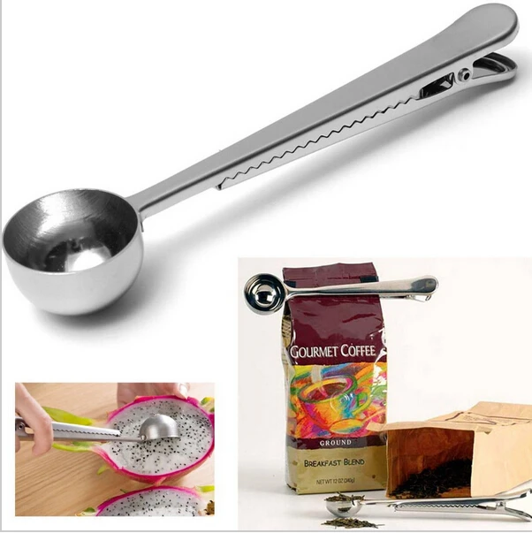 

Silver Clip Coffee Scoop Kitchen Ice Cream Coffee Fruit Tools Coffee Measuring Spoon With Bag Seal Clip Stainless Steel