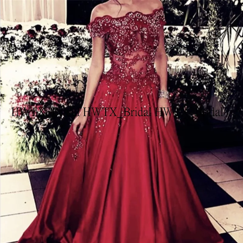 HWTX_Bridal роскошное вечернее платье с бусинами, сексуальный иллюзионный лиф, вырез лодочкой, с открытыми плечами, ТРАПЕЦИЕВИДНОЕ бордовое длинное платье для выпускного вечера, на заказ
