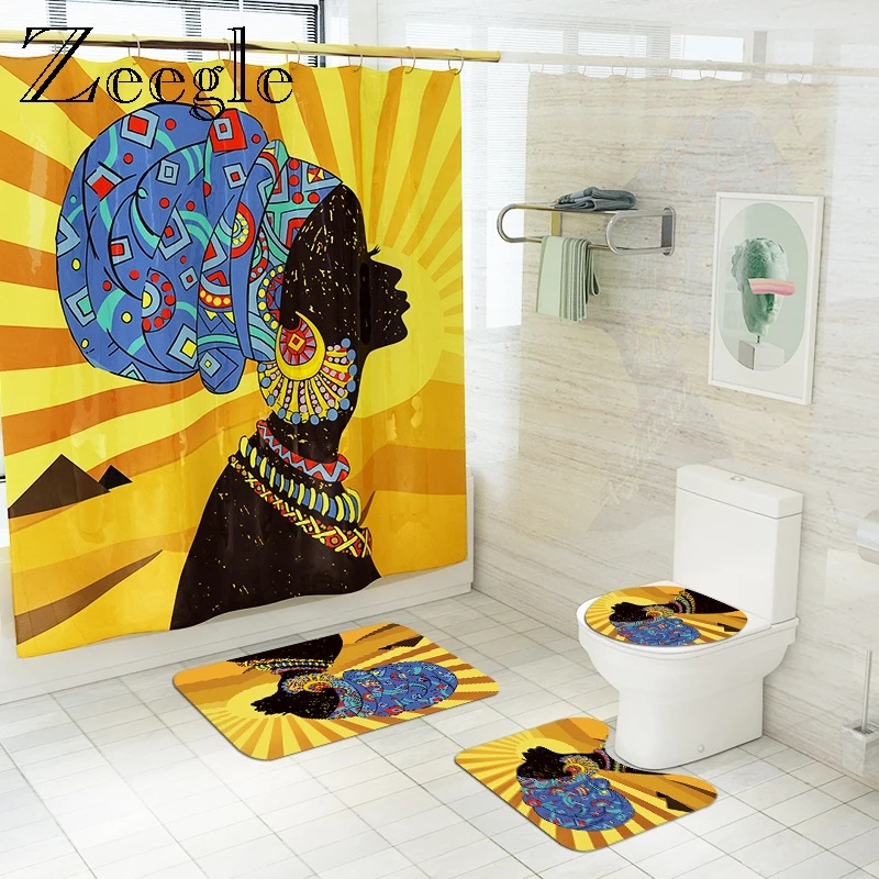 African Woman Printed Bath Mat and Shower Curtain Set Household Bathroom Carpet Shower Foot Mat Absorbent Toilet Floor Carpet