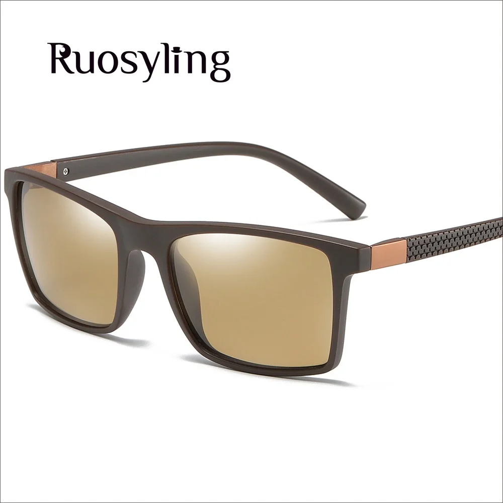 Ruosyling матовые черные солнцезащитные очки для водителей мужские Поляризованные TR 90 сверхлегкие темные солнцезащитные очки UV 400 гибкие Квадратные Солнцезащитные очки 80 s - Цвет линз: Brown Brown