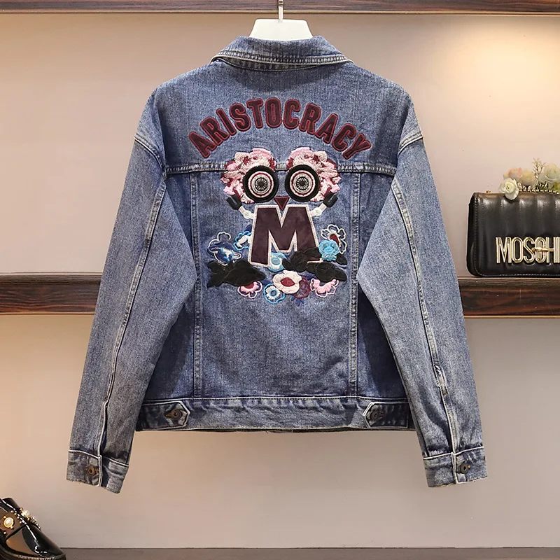 

2019 Large Size WOMEN'S Dress Cowboy Coat Autumn Clothing New Style Lettered Embroidery Fashion Loose Fold-down Collar Single Br