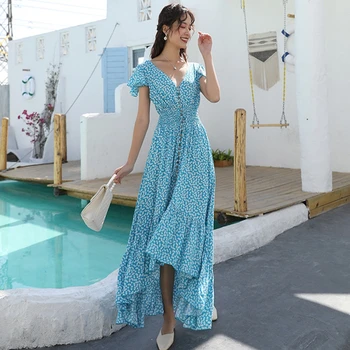 

V-neck sexy long bohemian dress blue polka-dot printed ruffled sleeve backless maxi beach dress2020 summer Korean women dress