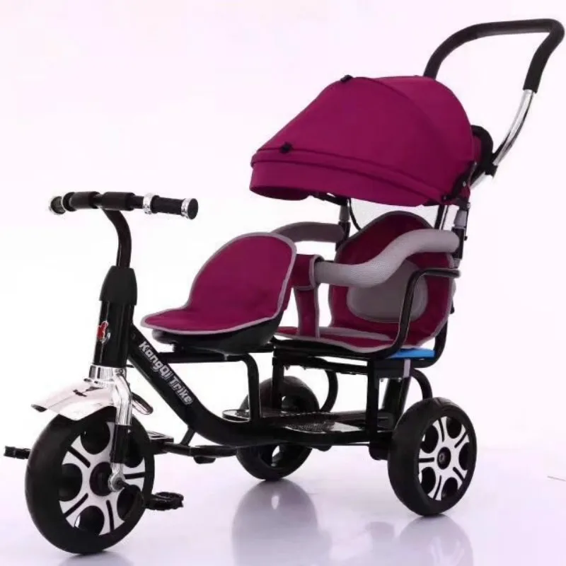 Double kids tricycle 4 in 1 two baby twin bicycles 1-3-5 years old trolleys trick with push handle - Цвет: Лиловый