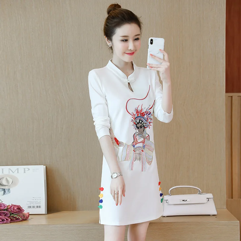 Осень, стиль, женское платье, улучшенная серия, Cheongsam, приталенное, для похудения, этнический стиль, воротник-стойка, длинный рукав, вышивка