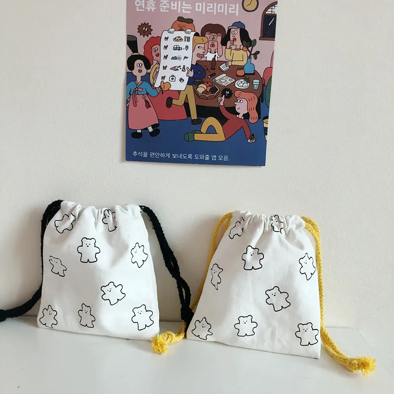 

Ins Biscuit Bear Simple Storage Bag Canvas Drawstring Sundries Pencil Case Large Capacity Cute Lipstick Cosmetic Bag Stationery