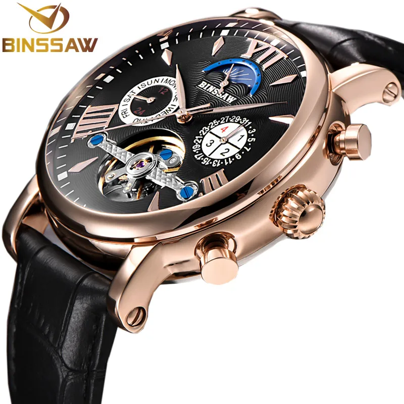 

BINSSAW Men Automatic Mechanical Tourbillon Watch Business Leather Moon Phase Sport Watches Stainless Clock Relogio Masculino