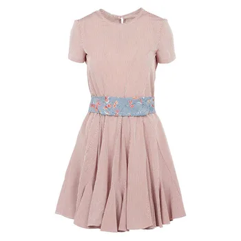 

Women's Striped Spring Summer Dress Pleated Short Sleeve O-neck Mini Dress with Sashes