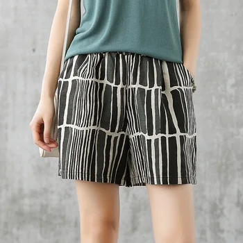 

Stripe Shorts Women Pocket Cotton Linen Shorts Women's Shorts Casual Elastic High Waist Short Pants Solid Loose Shorts For Women