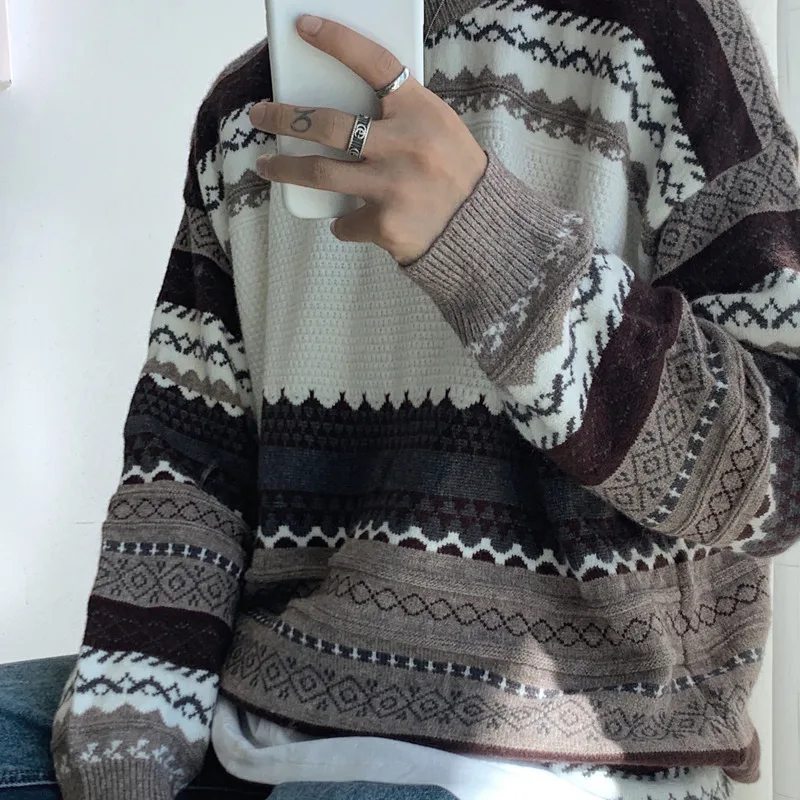 Winter Sweater Men Warm Fashion Retro Casual Knit Sweaters Man Streetwear Loose Long-sleeved Pullover Sweter Clothes Men