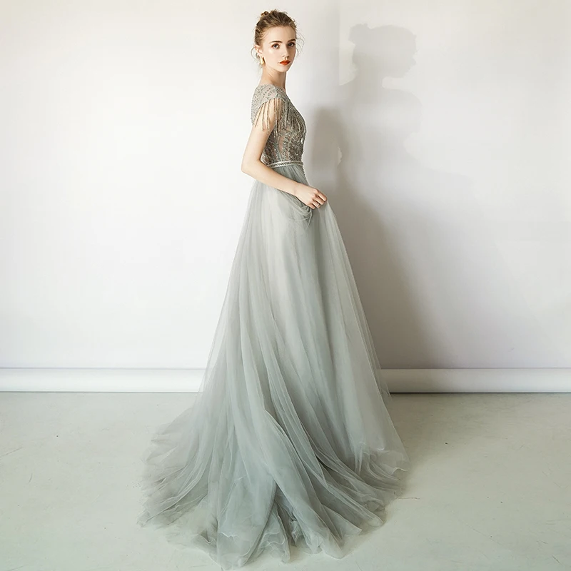 vestido de festa дымчато-серые длинные платья для выпускного вечера с вырезом горловины короткий рукав вечерние платья женские Вечерние платья Русалка платья для выпускного вечера