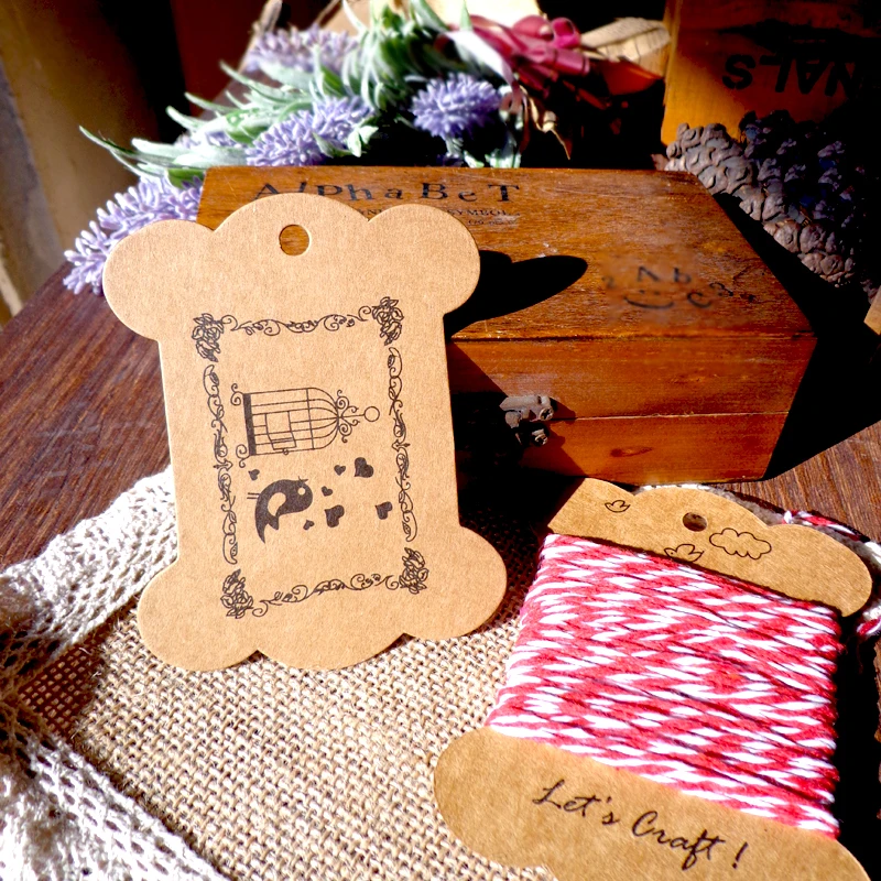 

50pcs THICKEN Style Birds and Cage Retro Cardboard Kraft Bobine Spool, DIY Party Paper Cards Big size Gift Tag