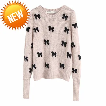 

Bow Elegant Appliques Knitted Sweater Women Pullovers O Neck Long Sleeve womens sweaters winter Chic Tops