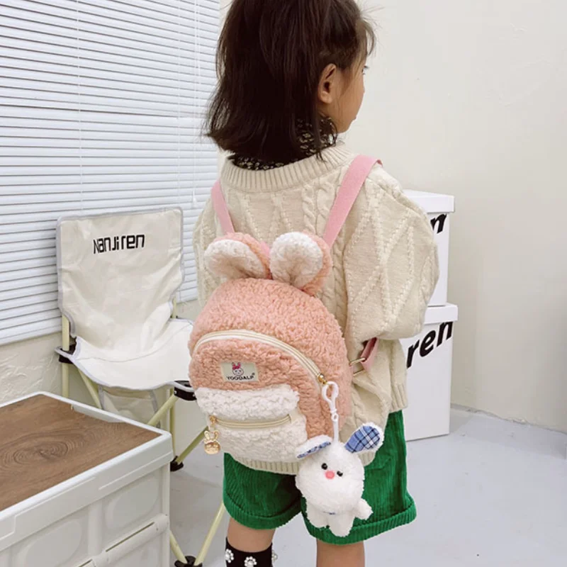 Kids Cute Rabbit Pendant Girls Boys Fashion Backpack Various Colors Mini Plush Children Kawai Backpack Lamb Wool In Kindergarten