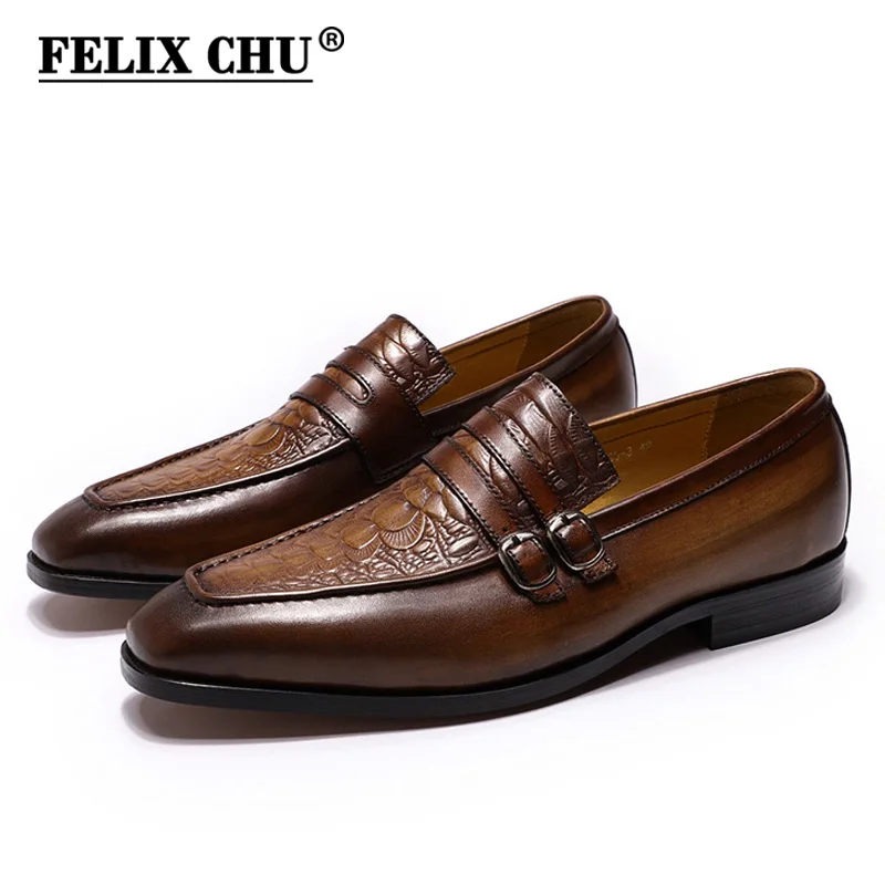 FELIX CHU/Повседневные Мужские модельные туфли в деловом стиле; мужские коричневые вечерние туфли из натуральной кожи с крокодиловым принтом; мужские лоферы с двойной пряжкой