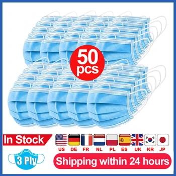 

In Stock 50Pcs 3 Layers Dustproof Face Masks Disposable and Anti-Dust Mouth Masks Non Woven Breathable Elastic Earloops Masks