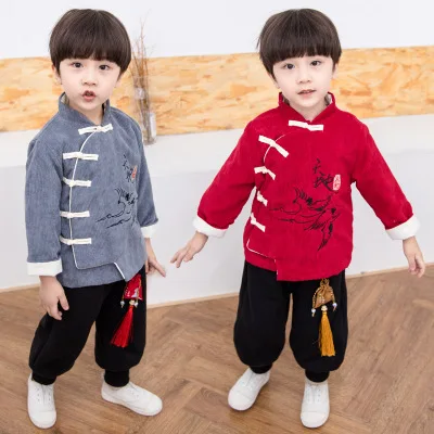 Костюм для детей 3-8 лет, зимний теплый и удобный хлопковый костюм для маленьких мальчиков, Детский костюм в китайском стиле, костюм хан