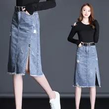 Женские сексуальные джинсовые юбки, корейская мода, женская юбка с карманами, высокая талия, винтажные женские юбки с дырками, большой размер