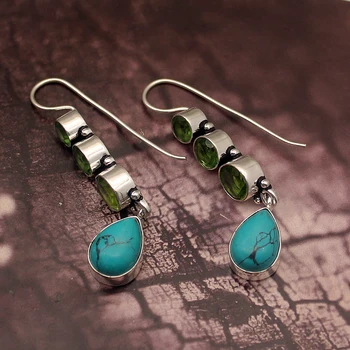 

Antique Jewelry New Arrival Green Turquoisee Peridot 925 Sterling Silver Color Dangle Earring Women Jewelry 2 1/8 INCH H393