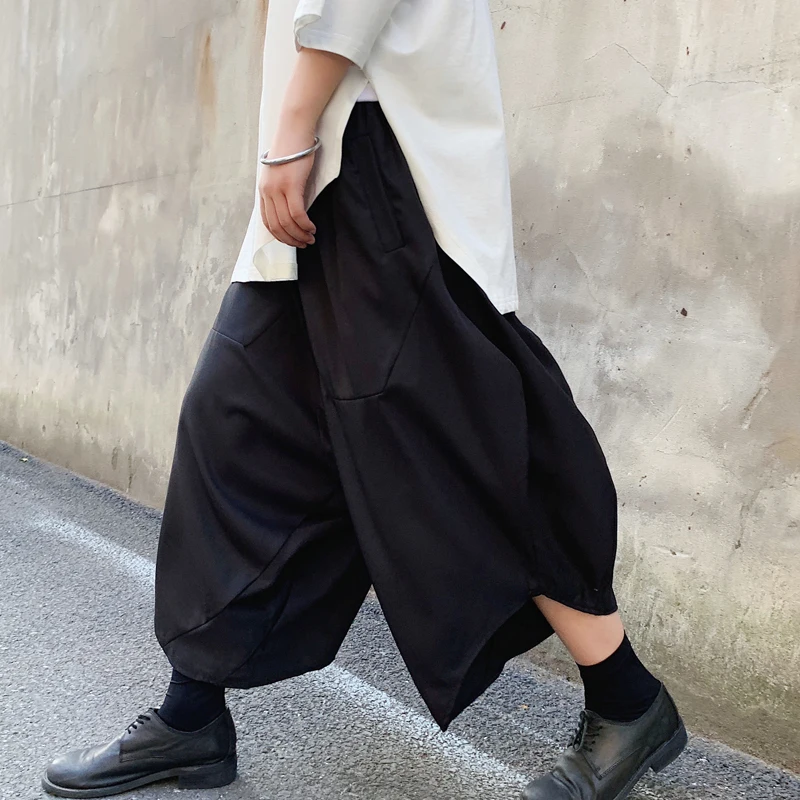 Japanese Men Hip Hop Pants Cropped Wide Leg Trouser Culotte Stage Costume Casual 
