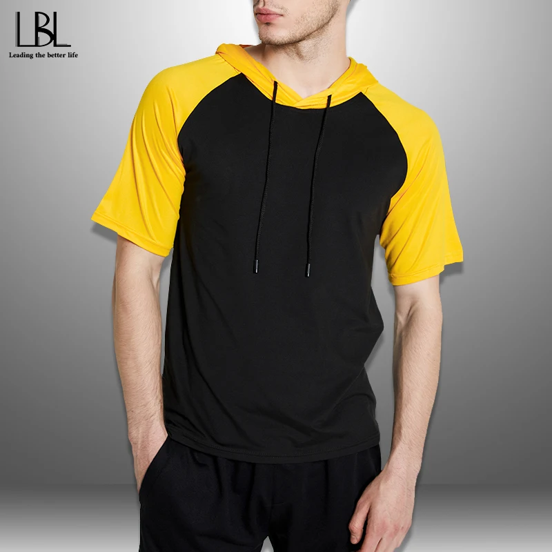 

Patchwork T Shirts Men Summer Mens Tees Hooded Sportswear Mens Short Sleeve Hoodie Outwear Tshirt Male New Fashion Top 4XL 2020
