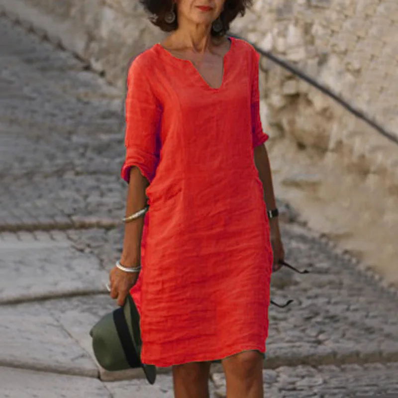 Vintage Women Solid Mini Dress Summer Fashion V-neck Three Quater Sleeve Cotton Linen Dress Ladies Casual Holiday Vestidos 6
