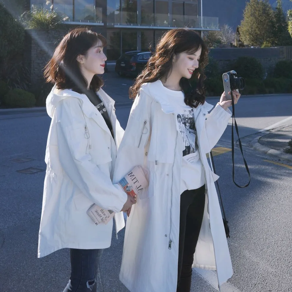

Photo Shoot CHIC First Love White Hooded Loose-Fit Slimming Casual Straight-Cut Trench Coat Mid-length Best Friend Coat Female A