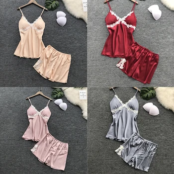 

Women Pajamas Sets Fashion Lace Satin Pajama Summer Nightwear Sexy Pajamas