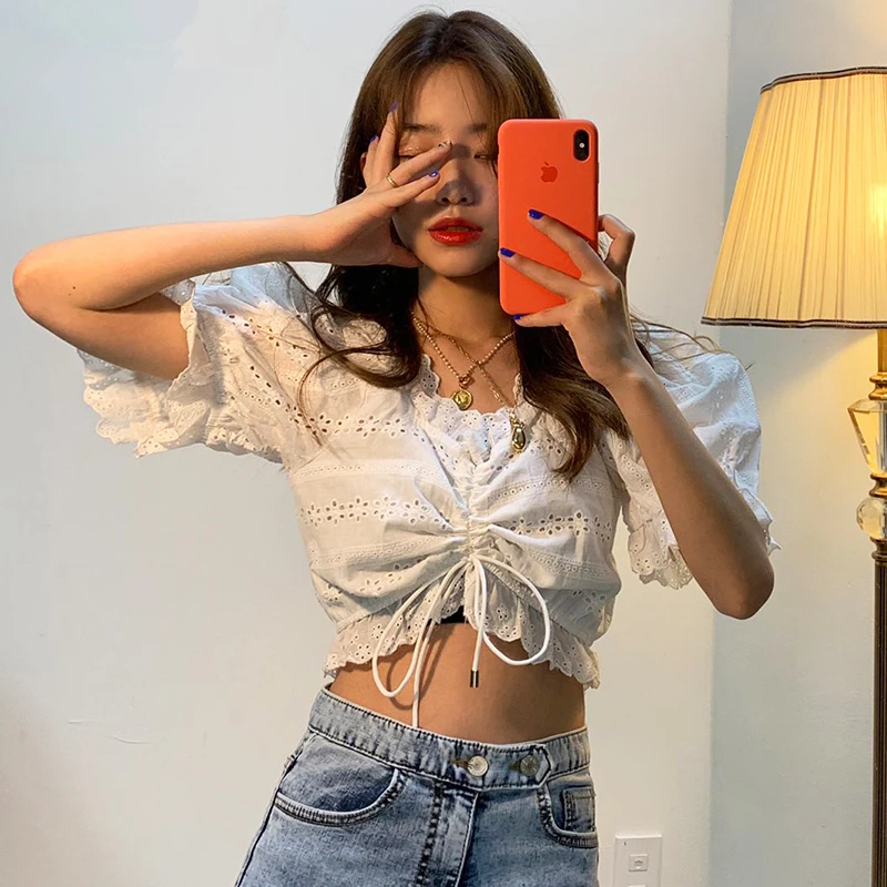 

2019 New Summer Arrivals V Collar Half Sleeve Waist Tie Blouse Hollow Out Korean Fahsion Thin Women Shirt C176