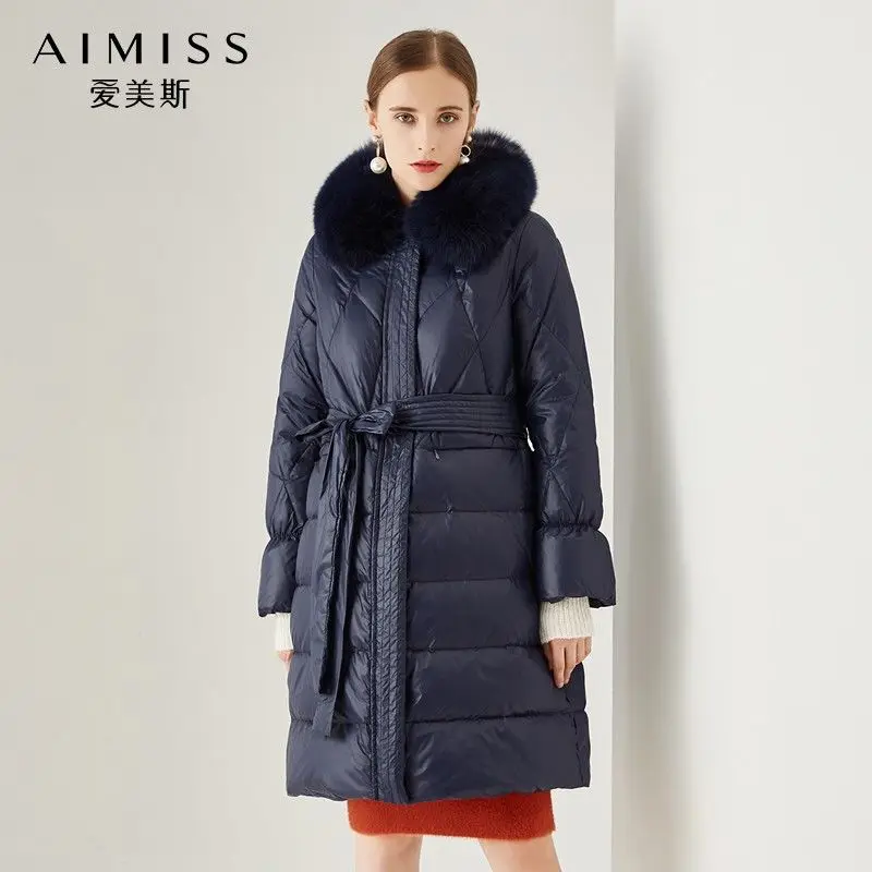 

AIMISS Brand New Down Jacket Real Far Feather Fashion Thick Warm Tie Belt Sashes Elegant Winter Long Down Coat Warm Outwear
