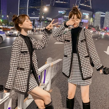 

Winter Plaid Patchwork Wool Suit Women V Neck Tweed Blazer Jacket + Bodycon Mini Pencil Skirt Suit Work 2 Piece Set
