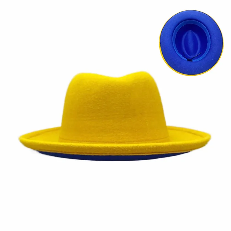 

Women Yellow Blue Patchwork Crimping Wide Brim Wool Jazz Fedora Hats Panama Trilby Cap Trend Gambler Hat Wholesale